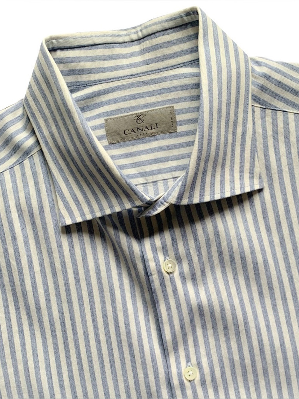 Canali Blue Striped Wool Blend Stretch Long Sleeve Dress Shirt Size 17.5